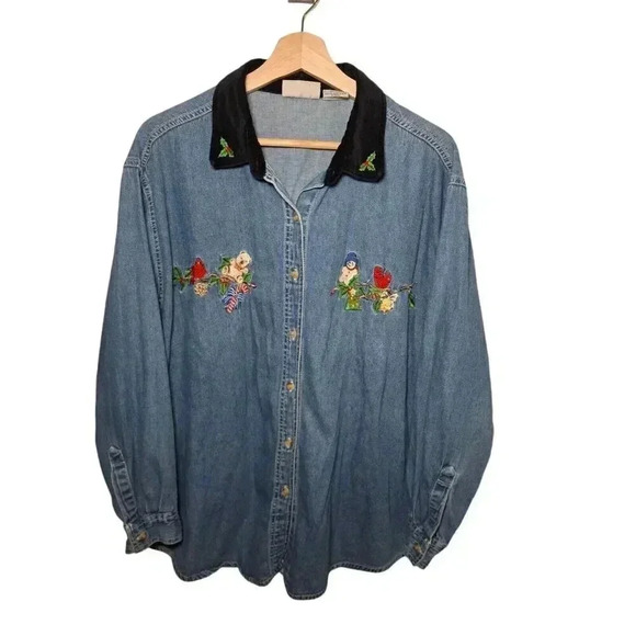 Christmas Denim Jean Shirt Womens Size XL Long Sleeves Button Up Velvet Collar - Picture 1 of 10